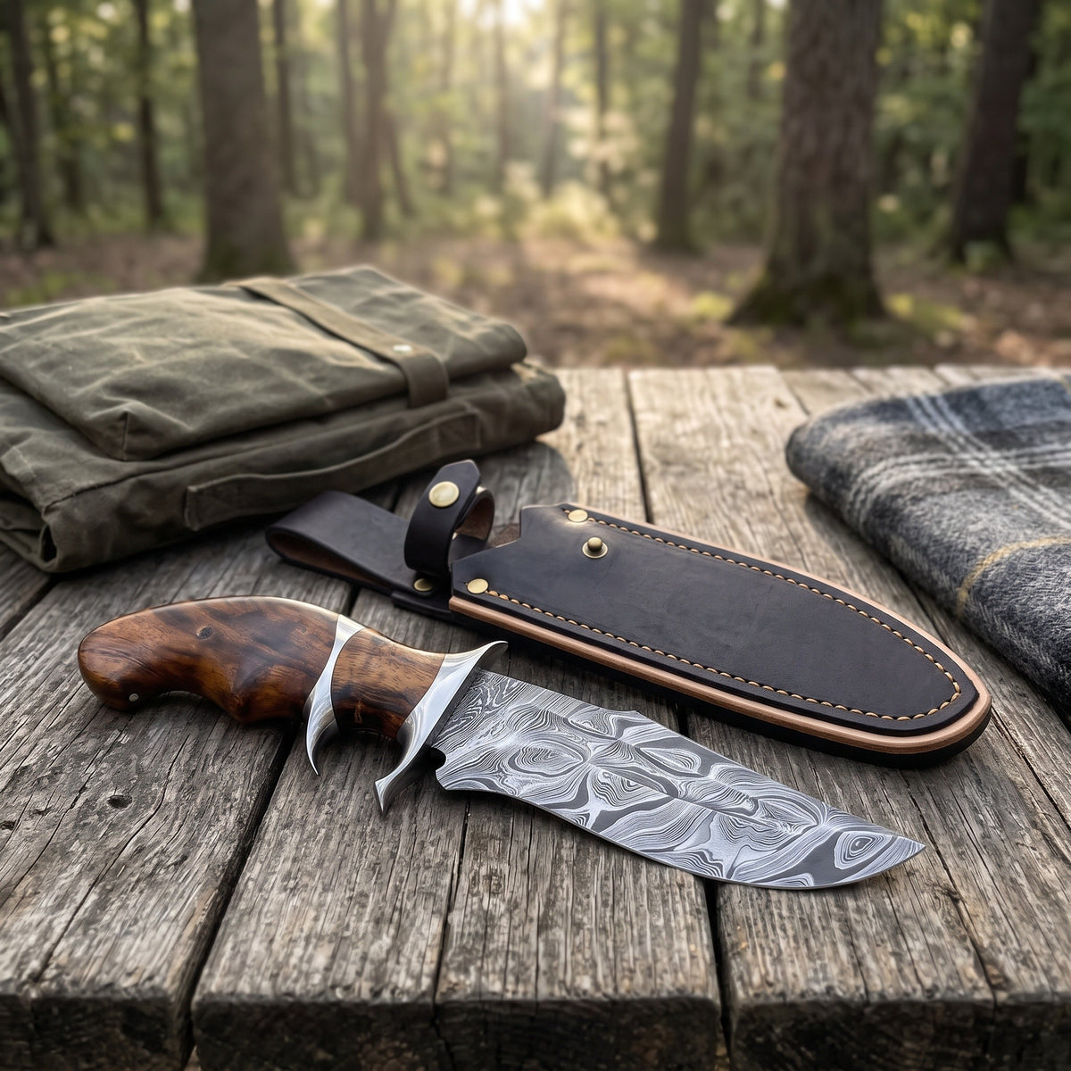 Ridgeback 12" Damascus Hunting Knife | Hardwood, with the Crownridge sheath in use