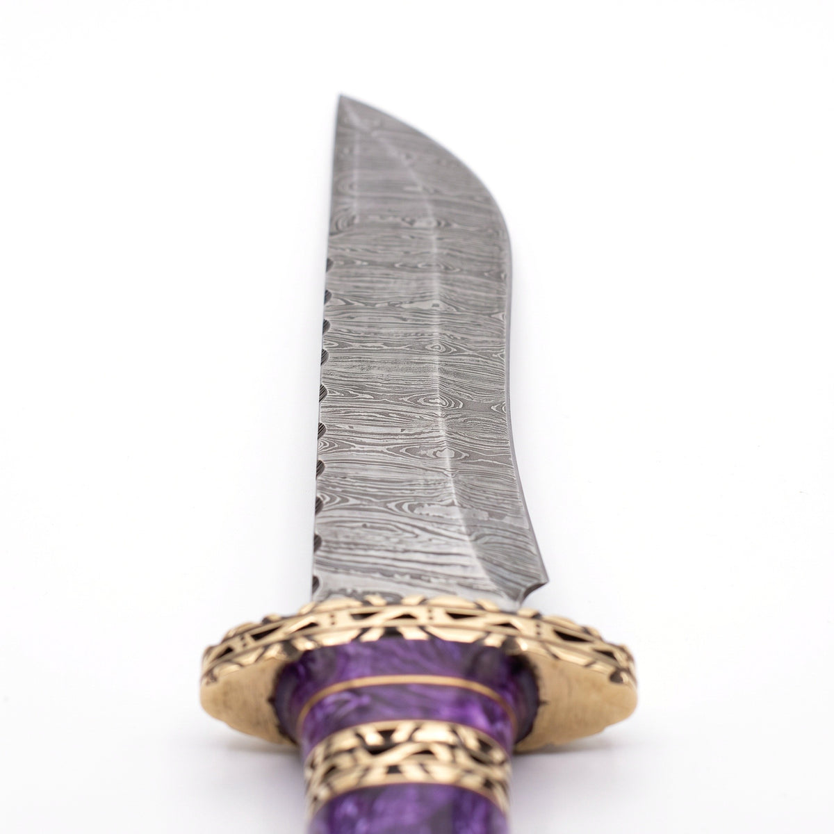 Ridgeback 12" Damascus Hunting Knife | Purple Stabilized Wood, Damascus blade close-up