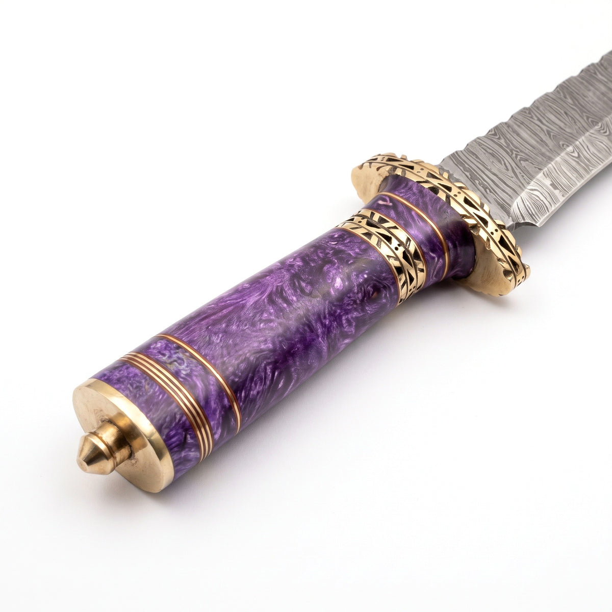 Ridgeback 12" Damascus Hunting Knife | Purple Stabilized Wood, handle and fittings close-up