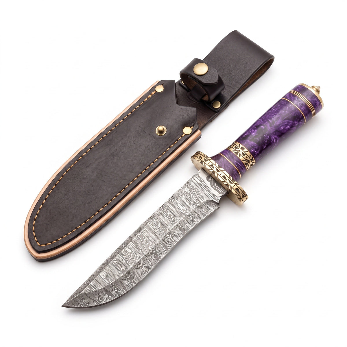 Ridgeback 12" Damascus Hunting Knife | Purple Stabilized Wood, three-quarter view with the Crownridge sheath