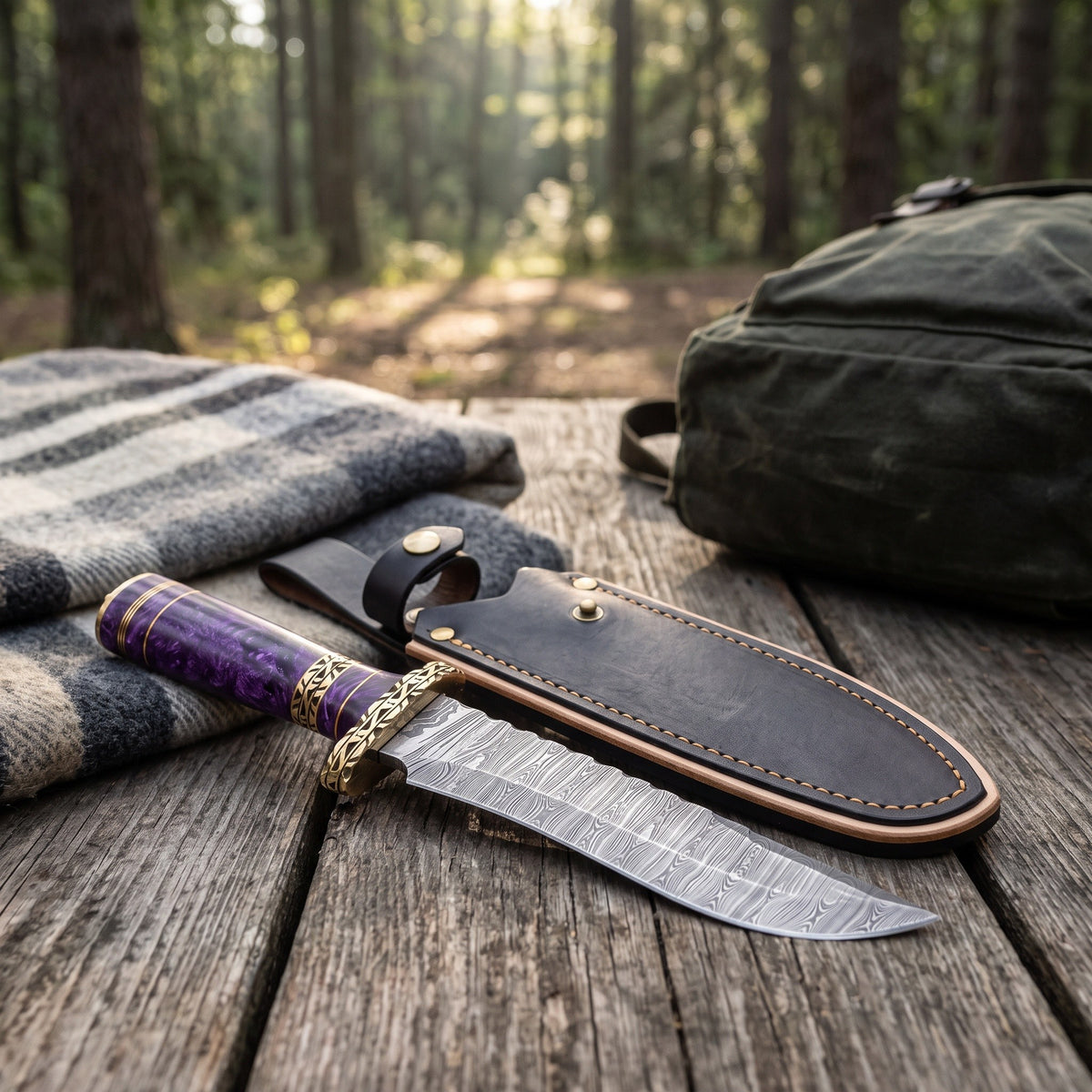 Ridgeback 12" Damascus Hunting Knife | Purple Stabilized Wood, with the Crownridge sheath in use