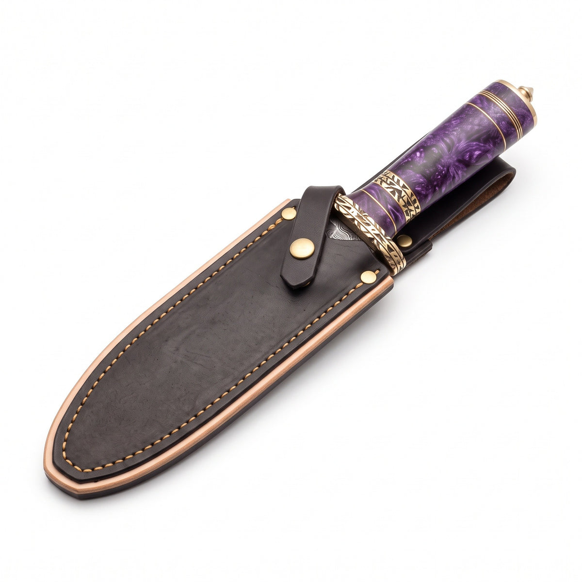 Ridgeback 12" Damascus Hunting Knife | Purple Stabilized Wood, seated in the Crownridge sheath