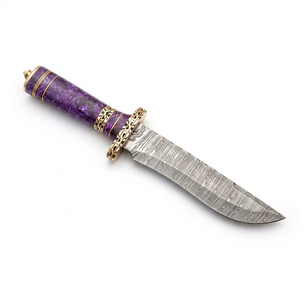 Ridgeback 12" Damascus Hunting Knife | Purple Stabilized Wood, side profile on white