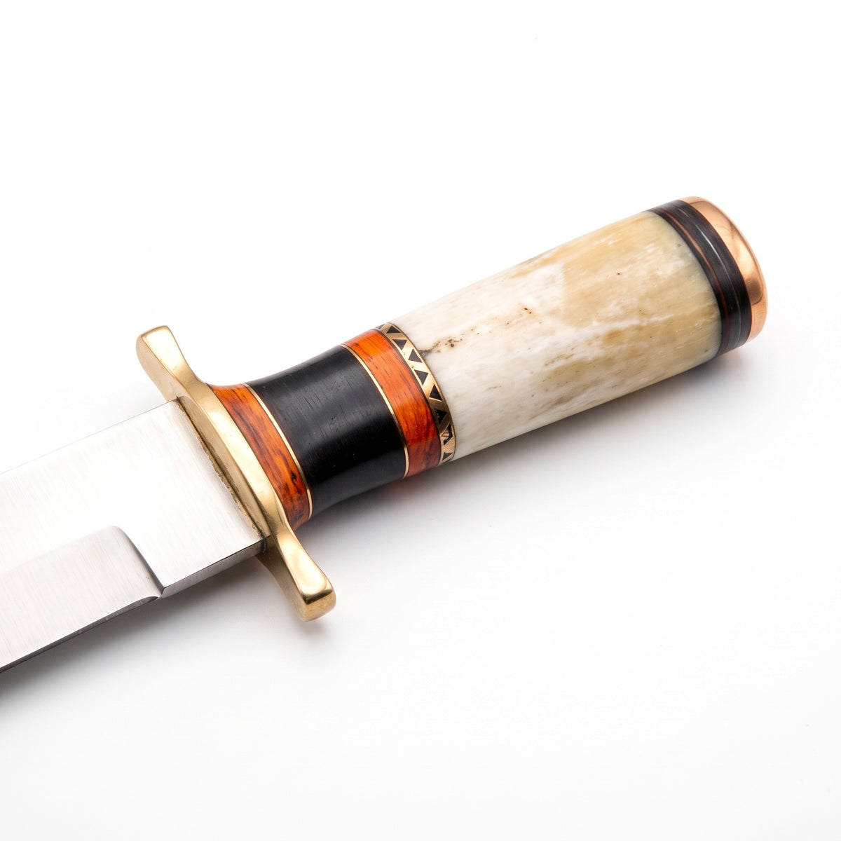 Ridgeback 12" Satin Steel Hunting Knife | Bone & Hardwood, handle and fittings close-up