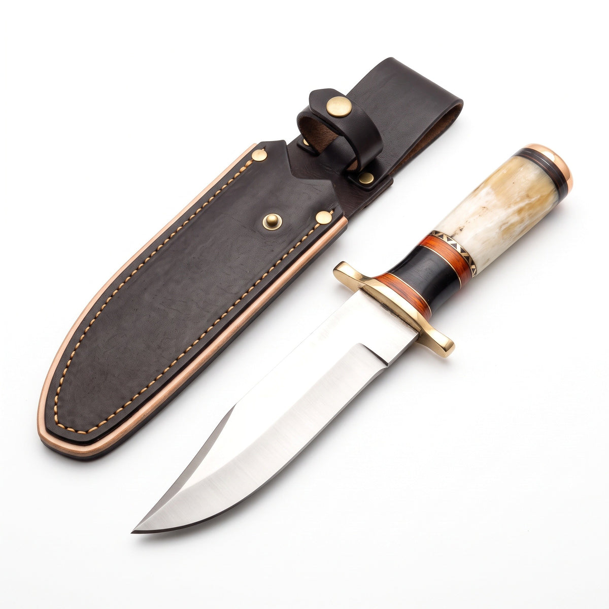 Ridgeback 12" Satin Steel Hunting Knife | Bone & Hardwood, three-quarter view with the Crownridge sheath