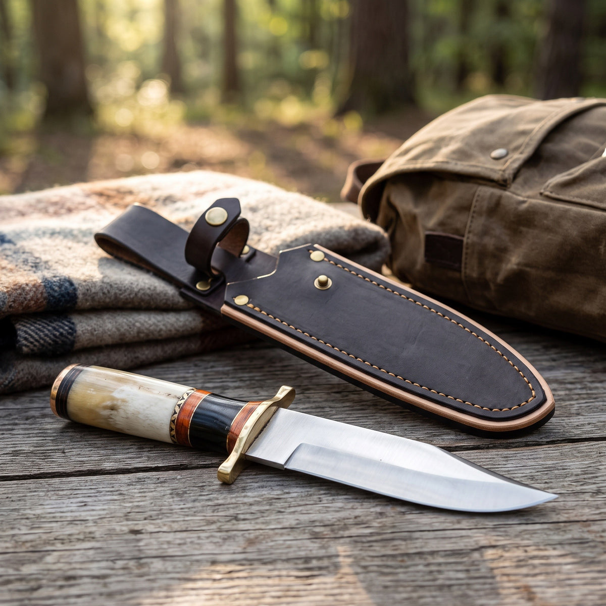 Ridgeback 12" Satin Steel Hunting Knife | Bone & Hardwood, with the Crownridge sheath in use