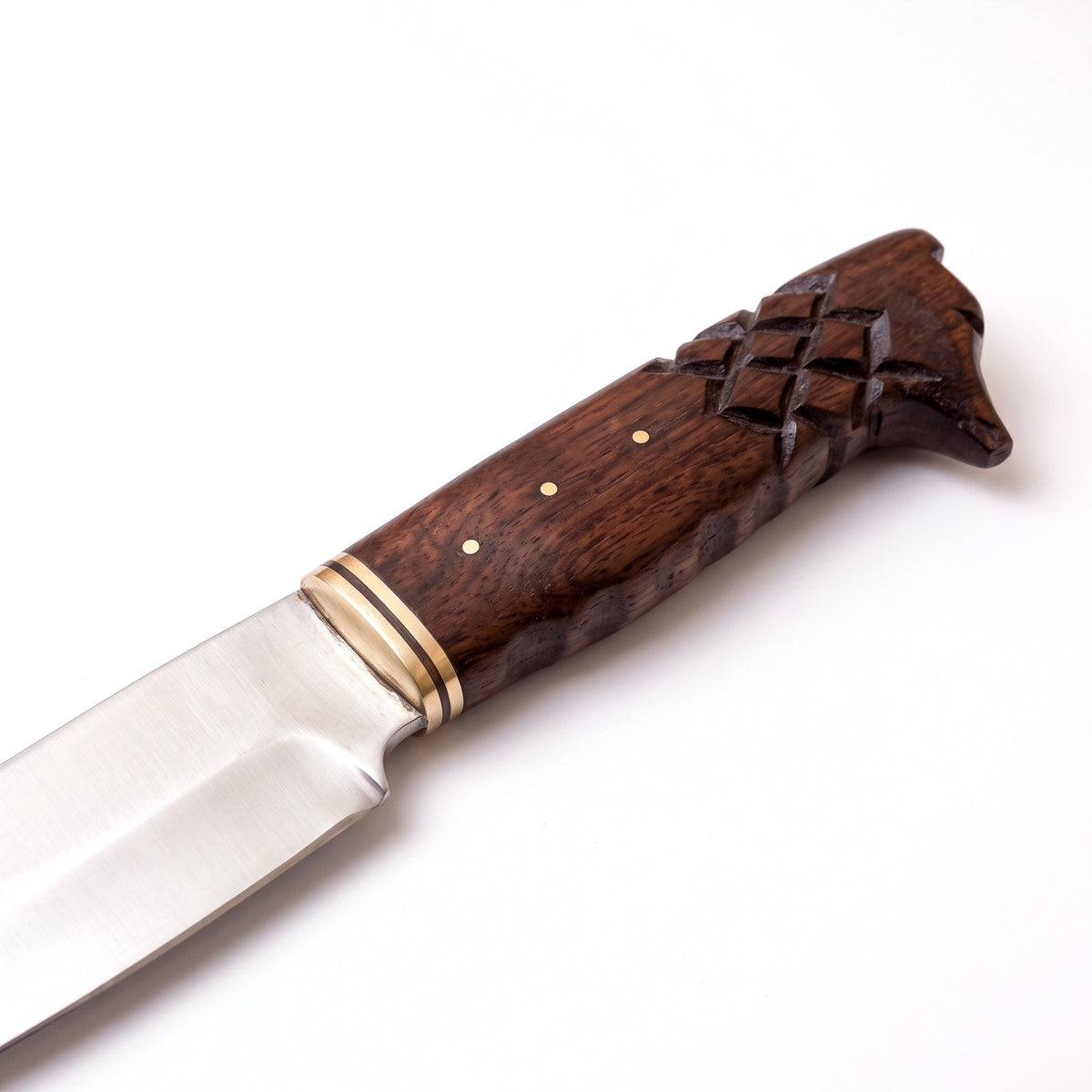 Ridgeback 12" Satin Steel Hunting Knife | Carved Walnut, handle and fittings close-up
