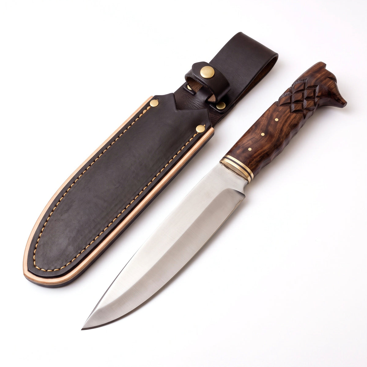 Ridgeback 12" Satin Steel Hunting Knife | Carved Walnut, three-quarter view with the Crownridge sheath