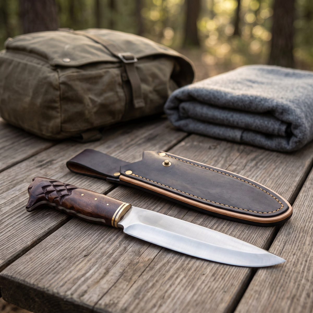 Ridgeback 12" Satin Steel Hunting Knife | Carved Walnut, with the Crownridge sheath in use