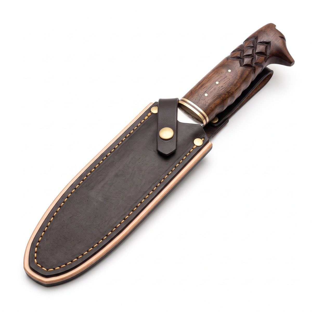 Ridgeback 12" Satin Steel Hunting Knife | Carved Walnut, seated in the Crownridge sheath