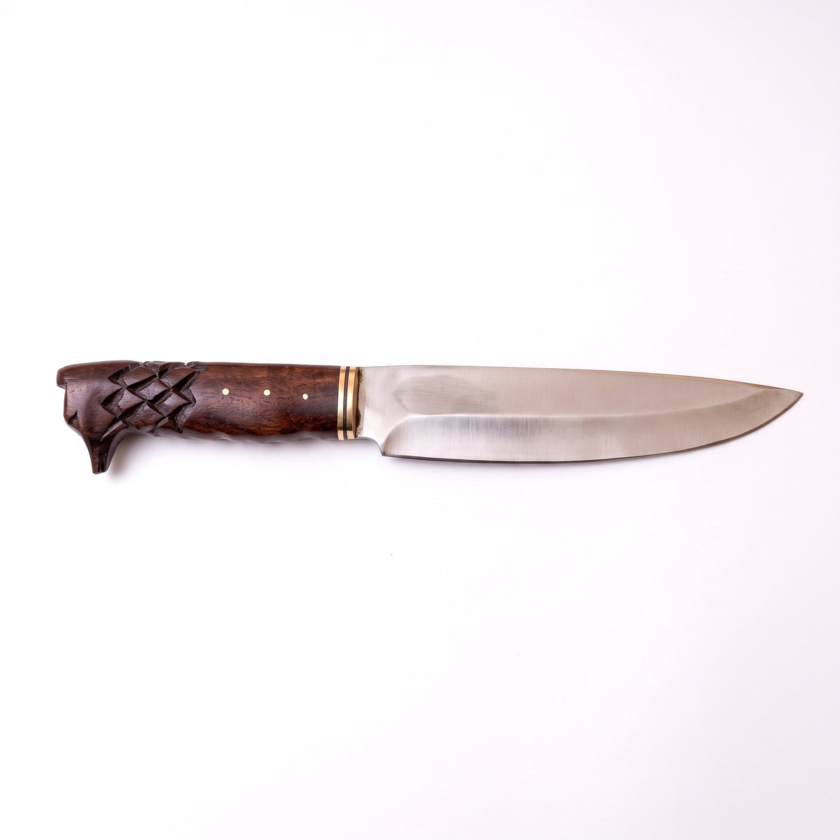 Ridgeback 12" Satin Steel Hunting Knife | Carved Walnut, side profile on white