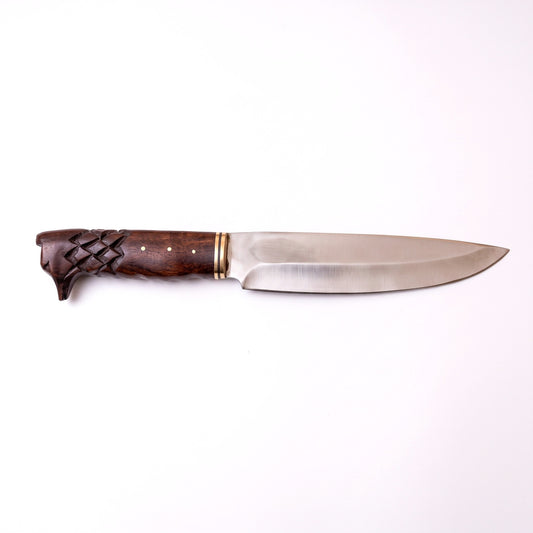 Ridgeback 12" Satin Steel Hunting Knife | Carved Walnut, side profile on white