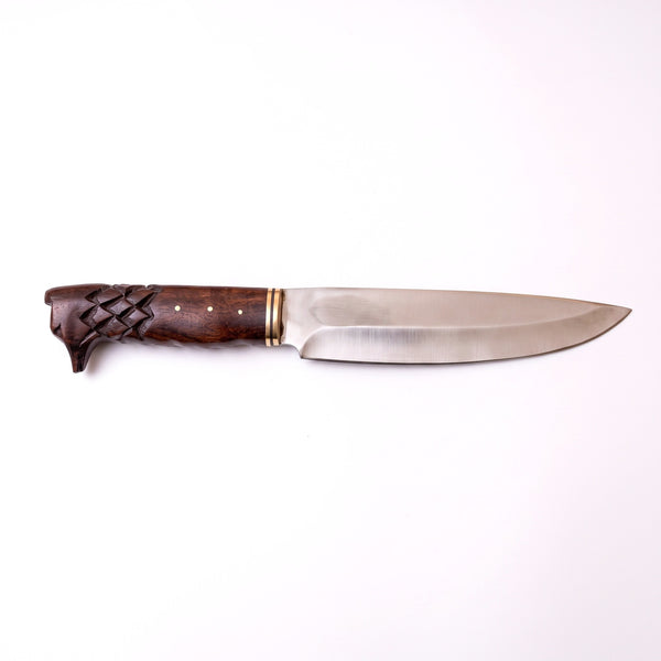 Ridgeback 12" Satin Steel Hunting Knife | Carved Walnut, side profile on white