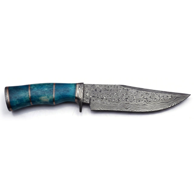 Damascus hunting knife with its leather sheath