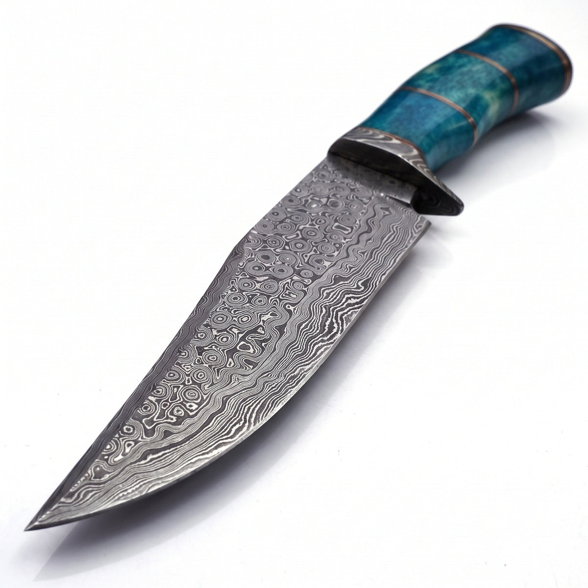 Ridgeback 13" Damascus Hunting Knife | Blue Stabilized Wood, Damascus blade close-up