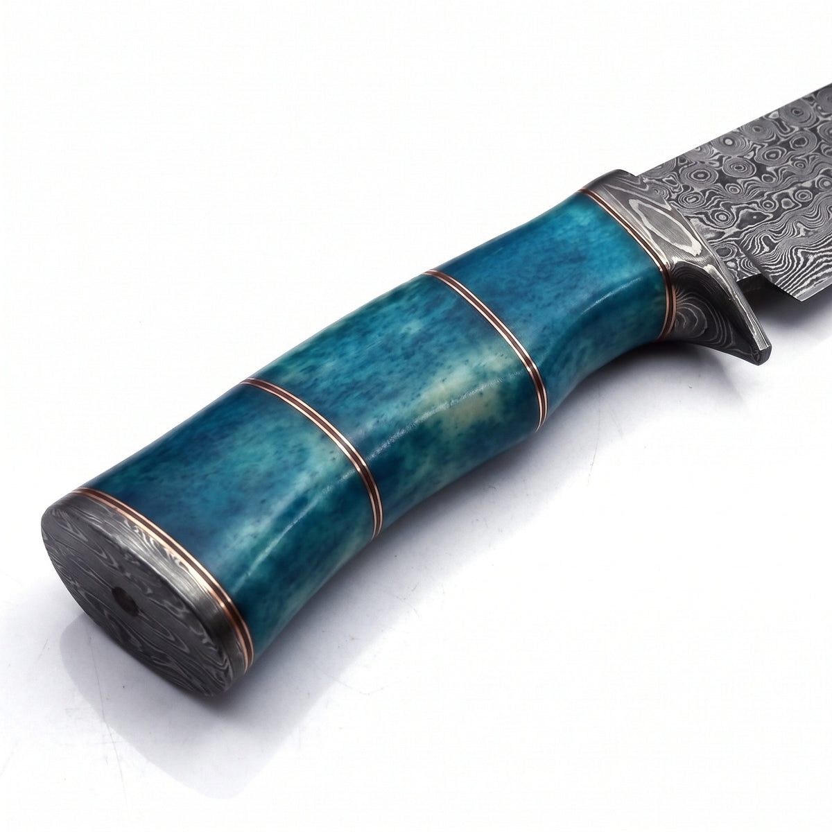 Ridgeback 13" Damascus Hunting Knife | Blue Stabilized Wood, handle and fittings close-up