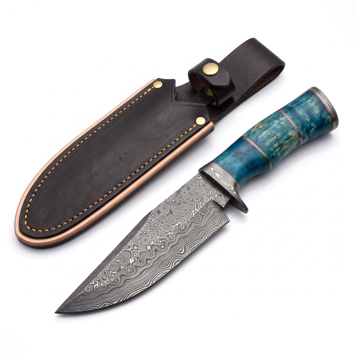Ridgeback 13" Damascus Hunting Knife | Blue Stabilized Wood, three-quarter view with the Crownridge sheath