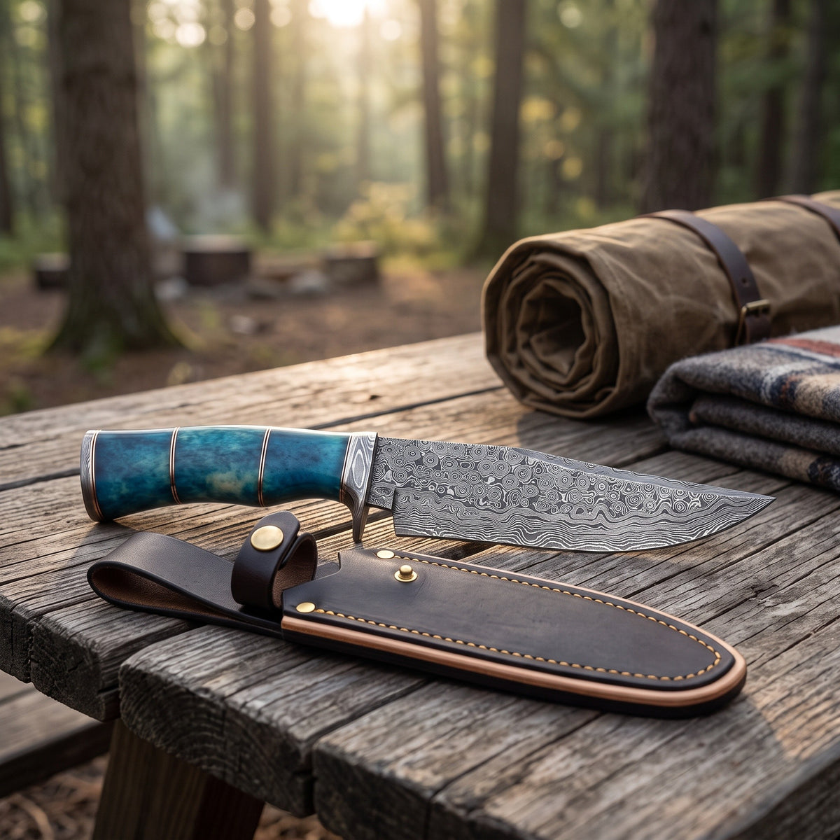 Ridgeback 13" Damascus Hunting Knife | Blue Stabilized Wood, with the Crownridge sheath in use