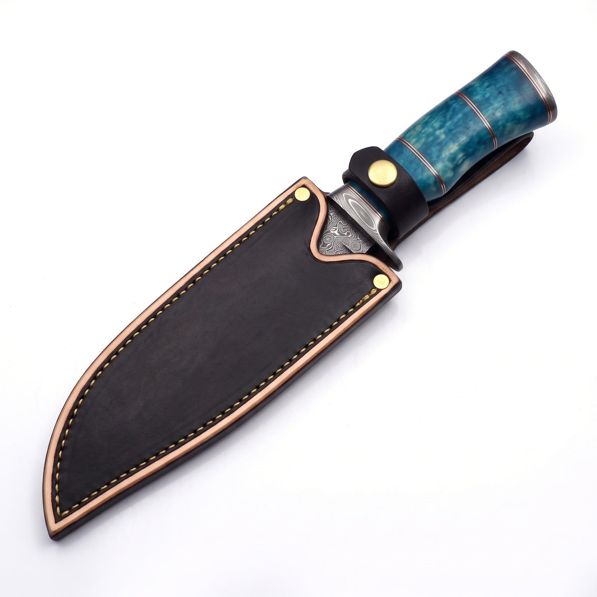 Ridgeback 13" Damascus Hunting Knife | Blue Stabilized Wood, seated in the Crownridge sheath