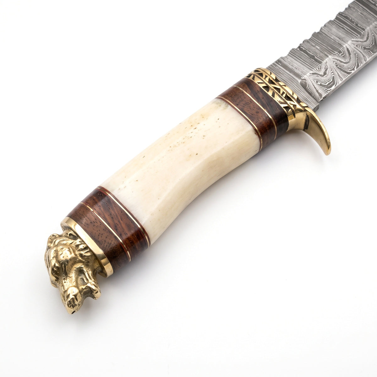 Ridgeback 13" Damascus Hunting Knife | Camel Bone, handle and fittings close-up