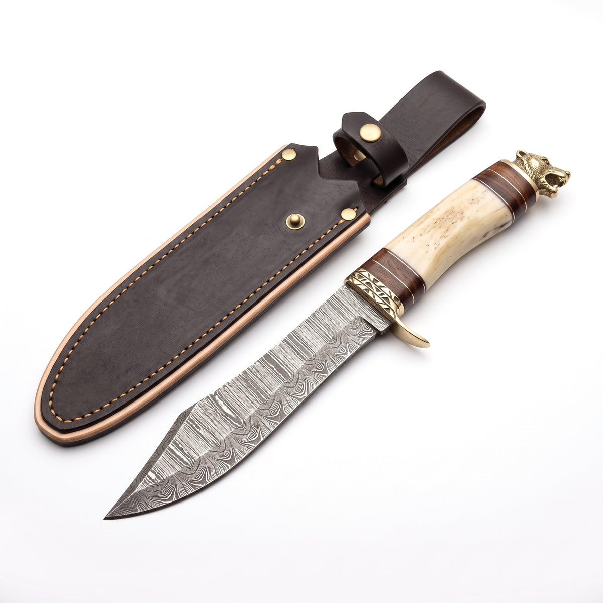 Ridgeback 13" Damascus Hunting Knife | Camel Bone, three-quarter view with the Crownridge sheath