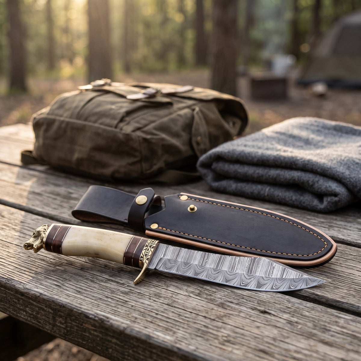 Ridgeback 13" Damascus Hunting Knife | Camel Bone, with the Crownridge sheath in use