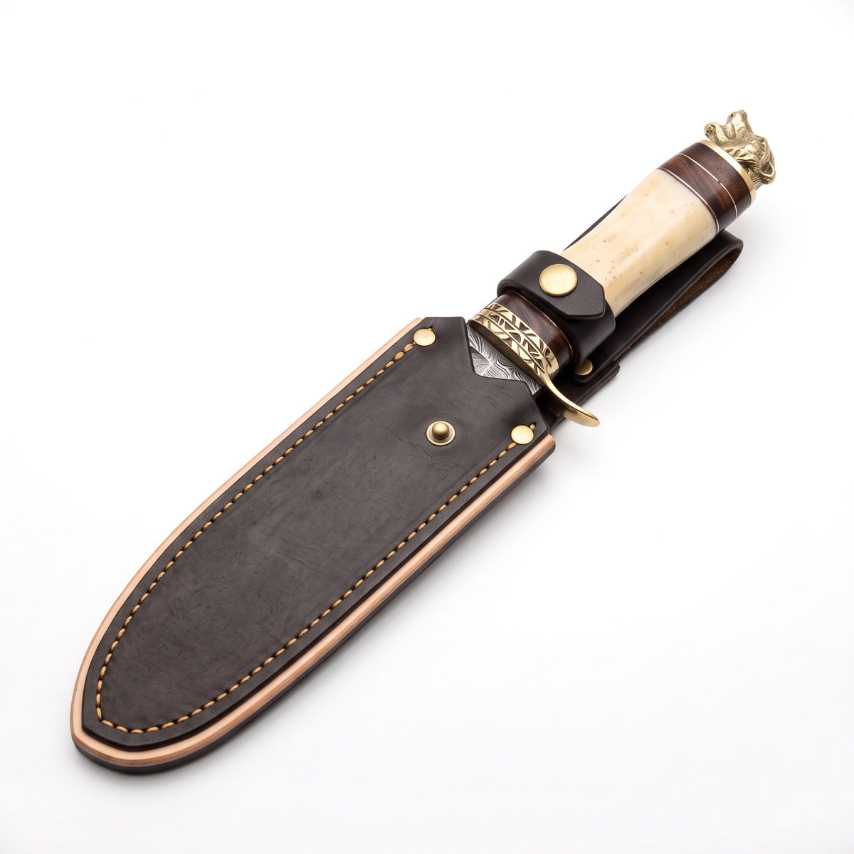 Ridgeback 13" Damascus Hunting Knife | Camel Bone, seated in the Crownridge sheath