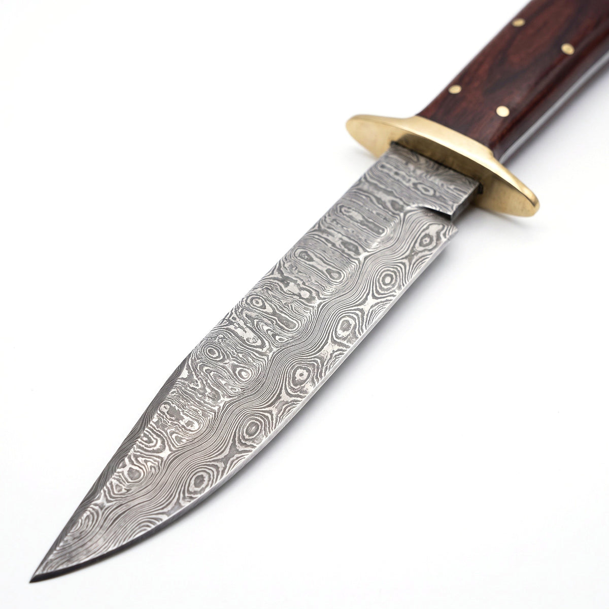 Ridgeback 15" Damascus Hunting Knife | Hardwood & Brass, Damascus blade close-up