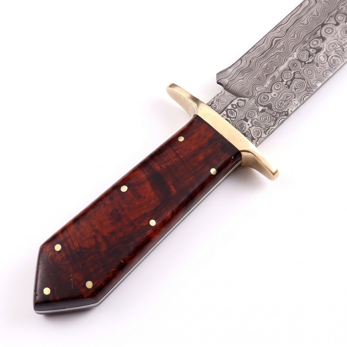 Ridgeback 15" Damascus Hunting Knife | Hardwood & Brass, handle and fittings close-up