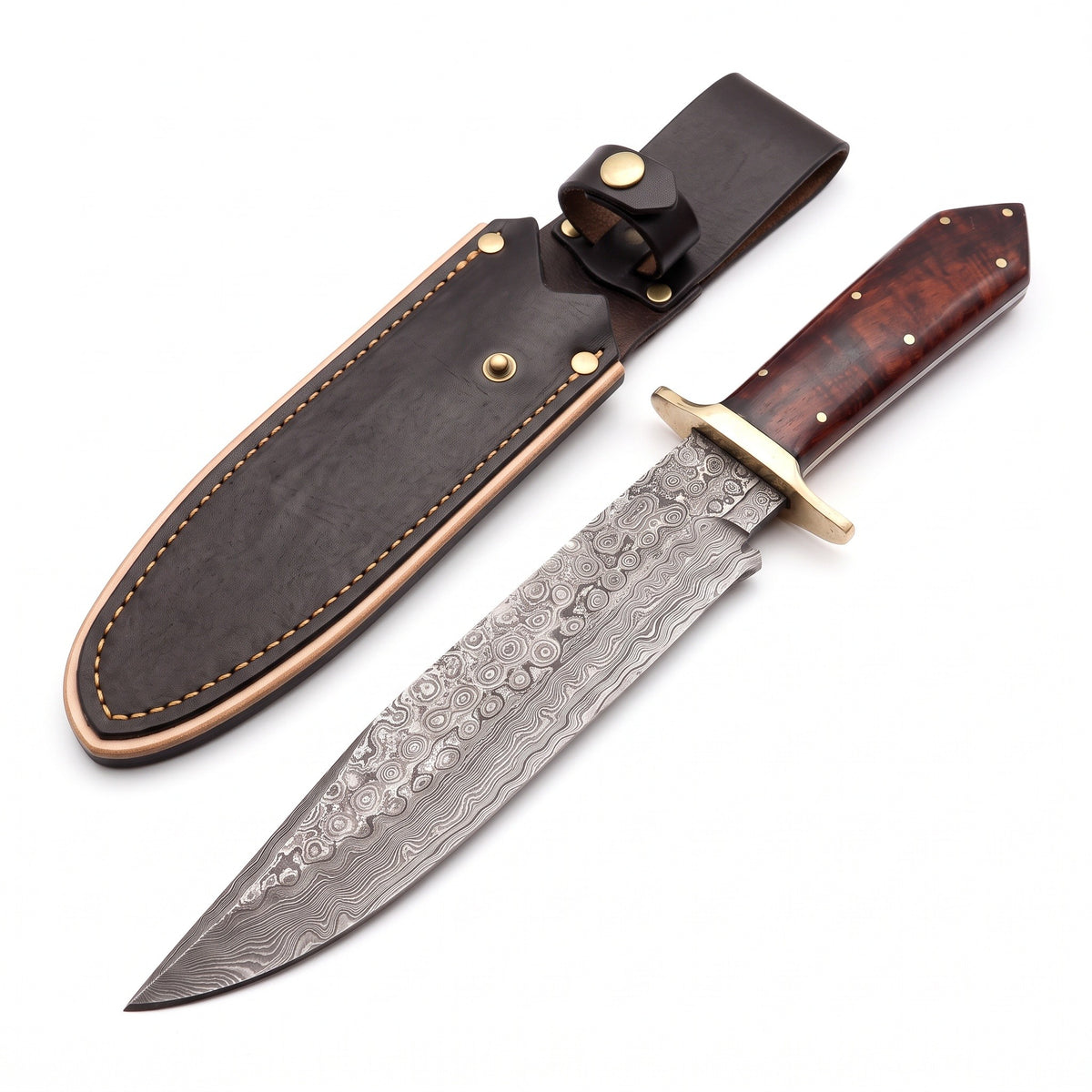 Ridgeback 15" Damascus Hunting Knife | Hardwood & Brass, three-quarter view with the Crownridge sheath