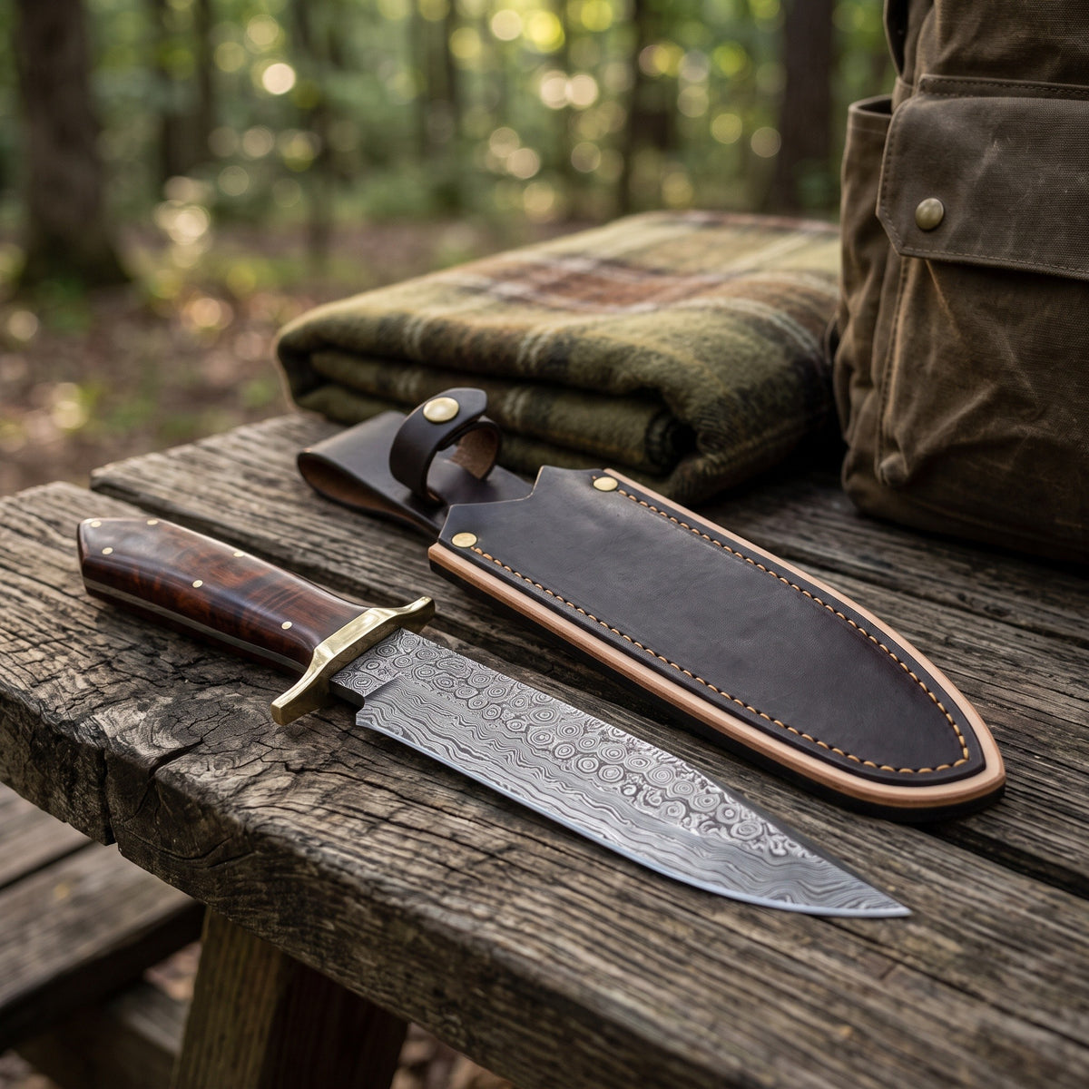 Ridgeback 15" Damascus Hunting Knife | Hardwood & Brass, with the Crownridge sheath in use