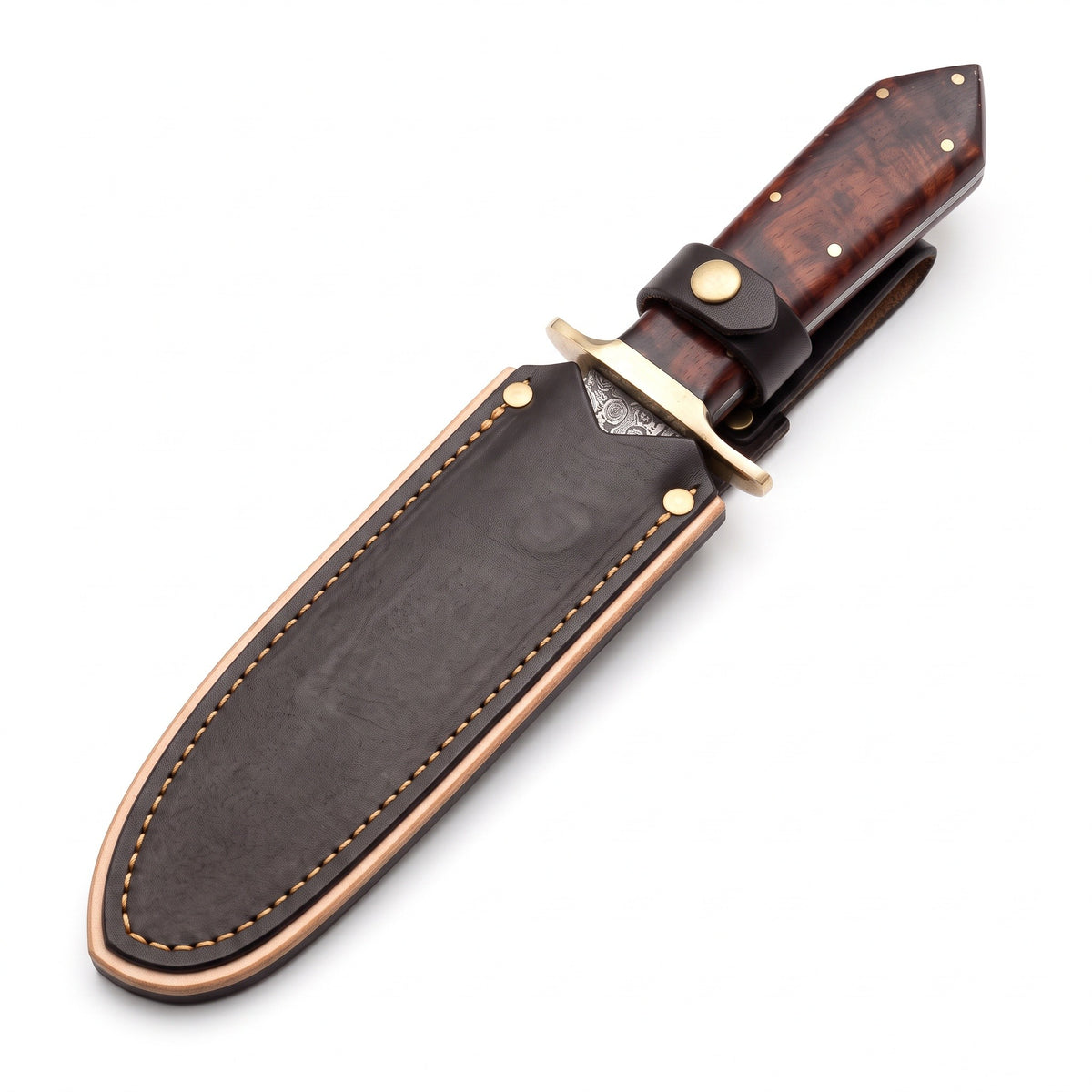 Ridgeback 15" Damascus Hunting Knife | Hardwood & Brass, seated in the Crownridge sheath