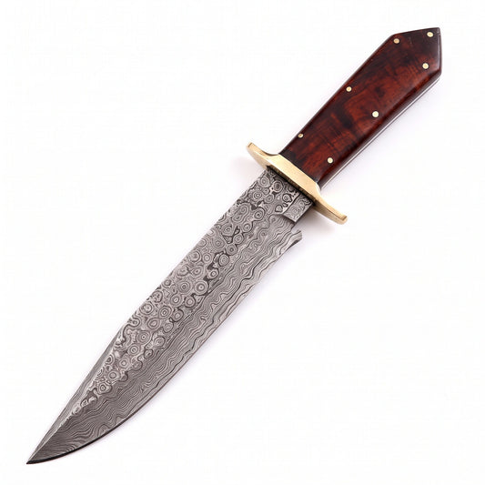 Ridgeback 15" Damascus Hunting Knife | Hardwood & Brass, side profile on white