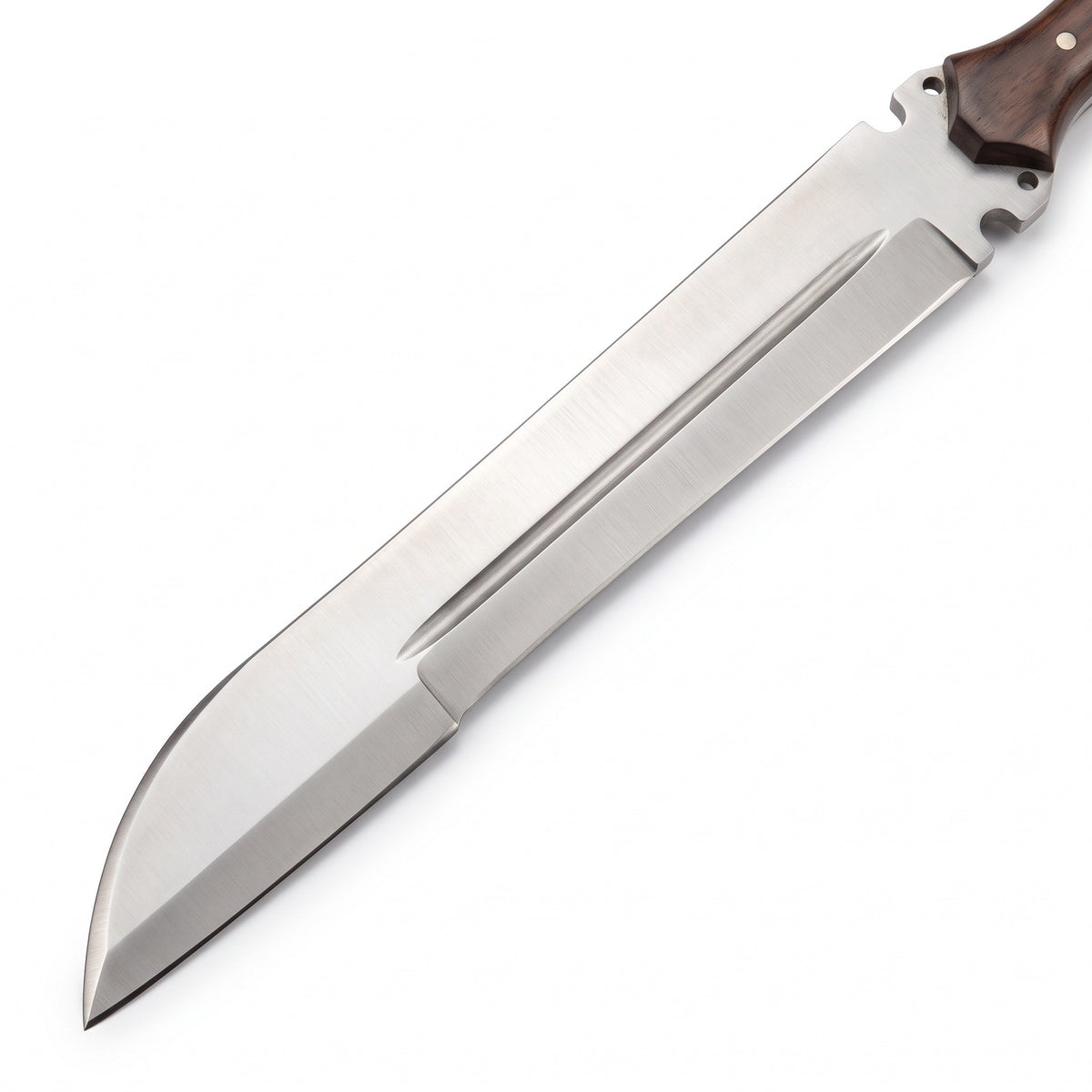 Ridgeback 15" Satin Steel Hunting Knife | Walnut, satin steel blade close-up