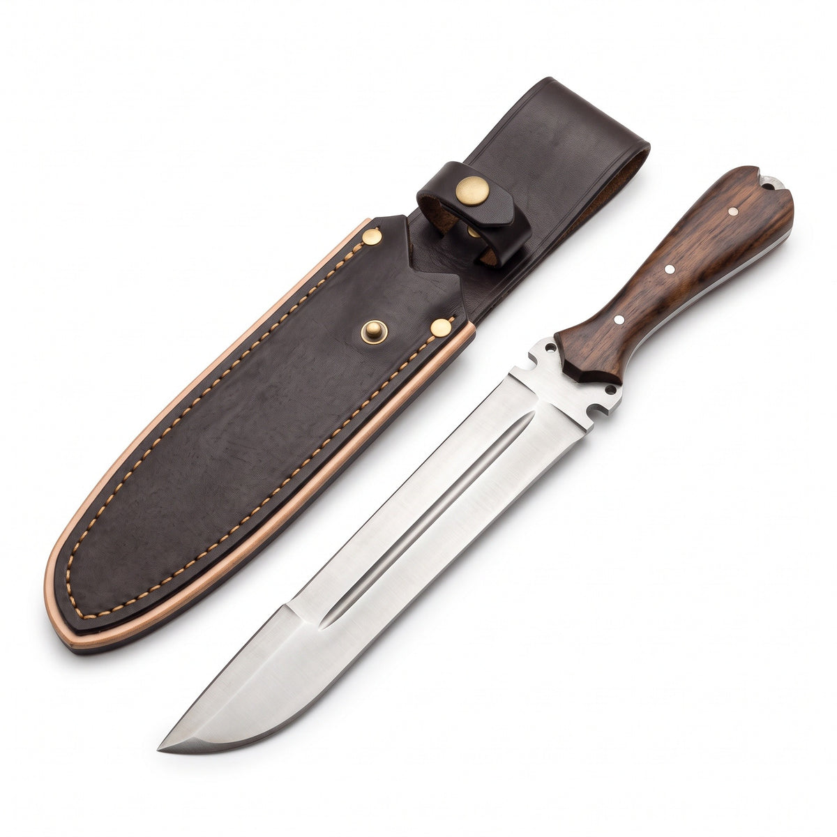 Ridgeback 15" Satin Steel Hunting Knife | Walnut, three-quarter view with the Crownridge sheath