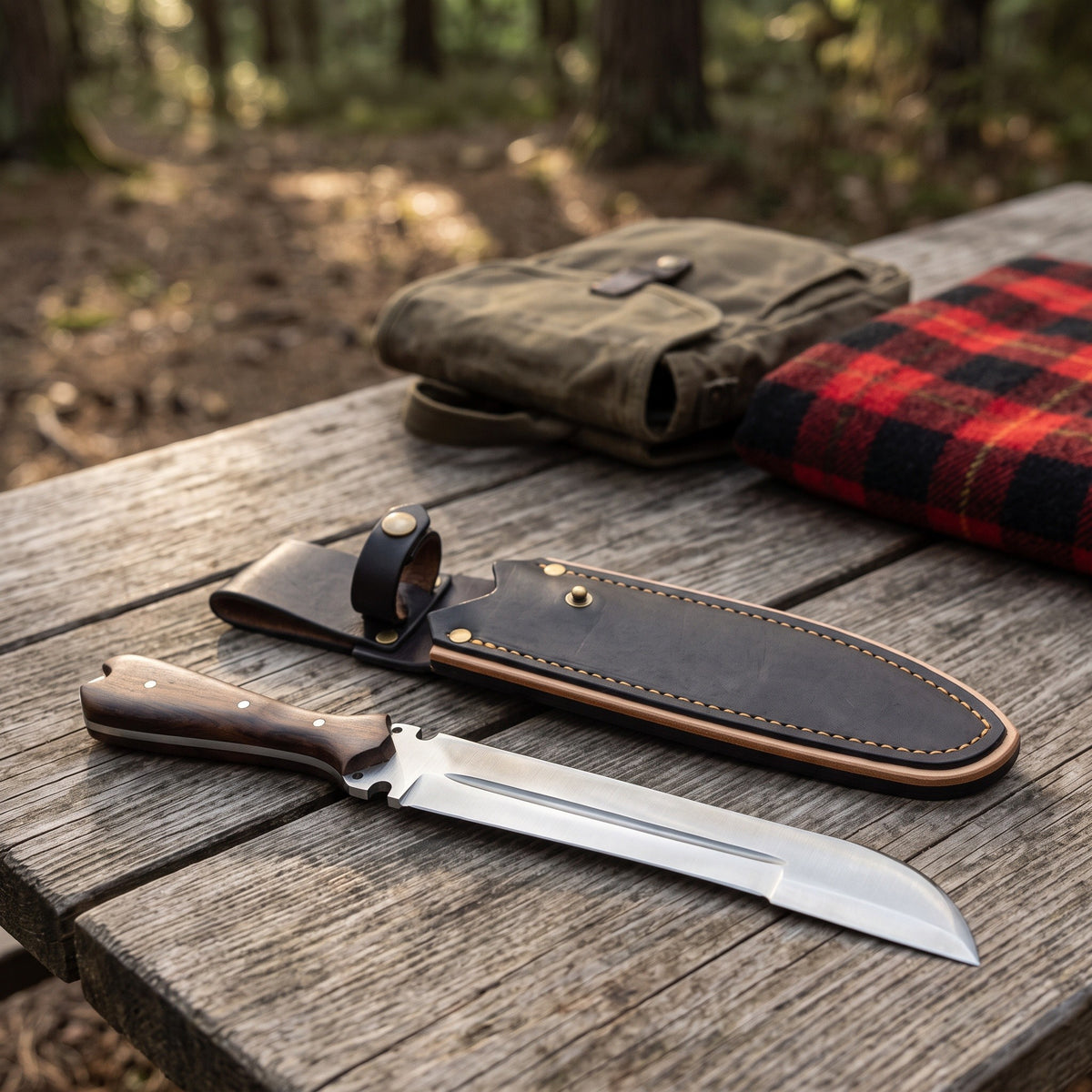 Ridgeback 15" Satin Steel Hunting Knife | Walnut, with the Crownridge sheath in use
