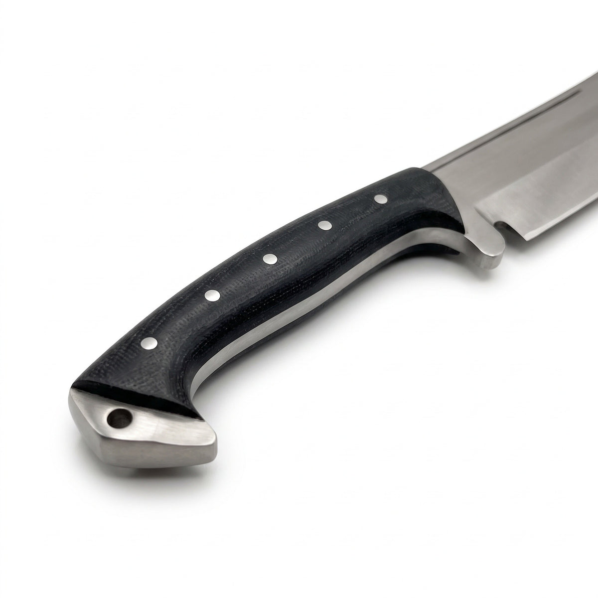 Ridgeback 18" Satin Steel Hunting Knife | Black Micarta, handle and fittings close-up