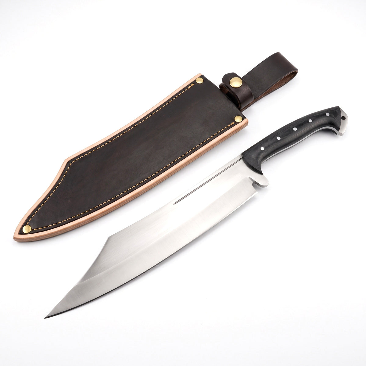 Ridgeback 18" Satin Steel Hunting Knife | Black Micarta, three-quarter view with the Crownridge sheath
