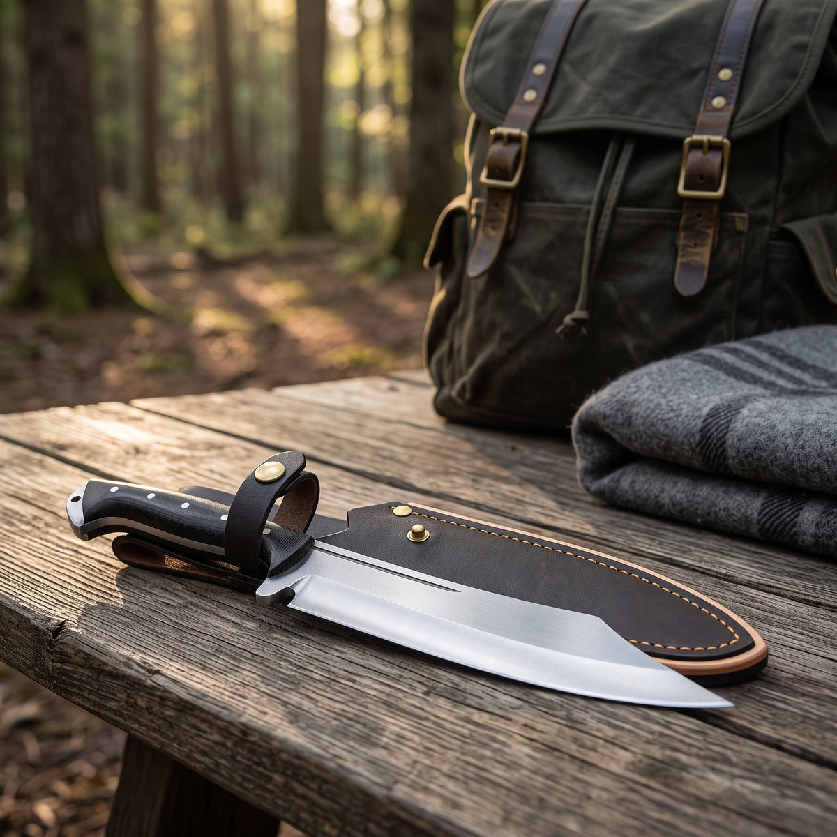 Ridgeback 18" Satin Steel Hunting Knife | Black Micarta, with the Crownridge sheath in use