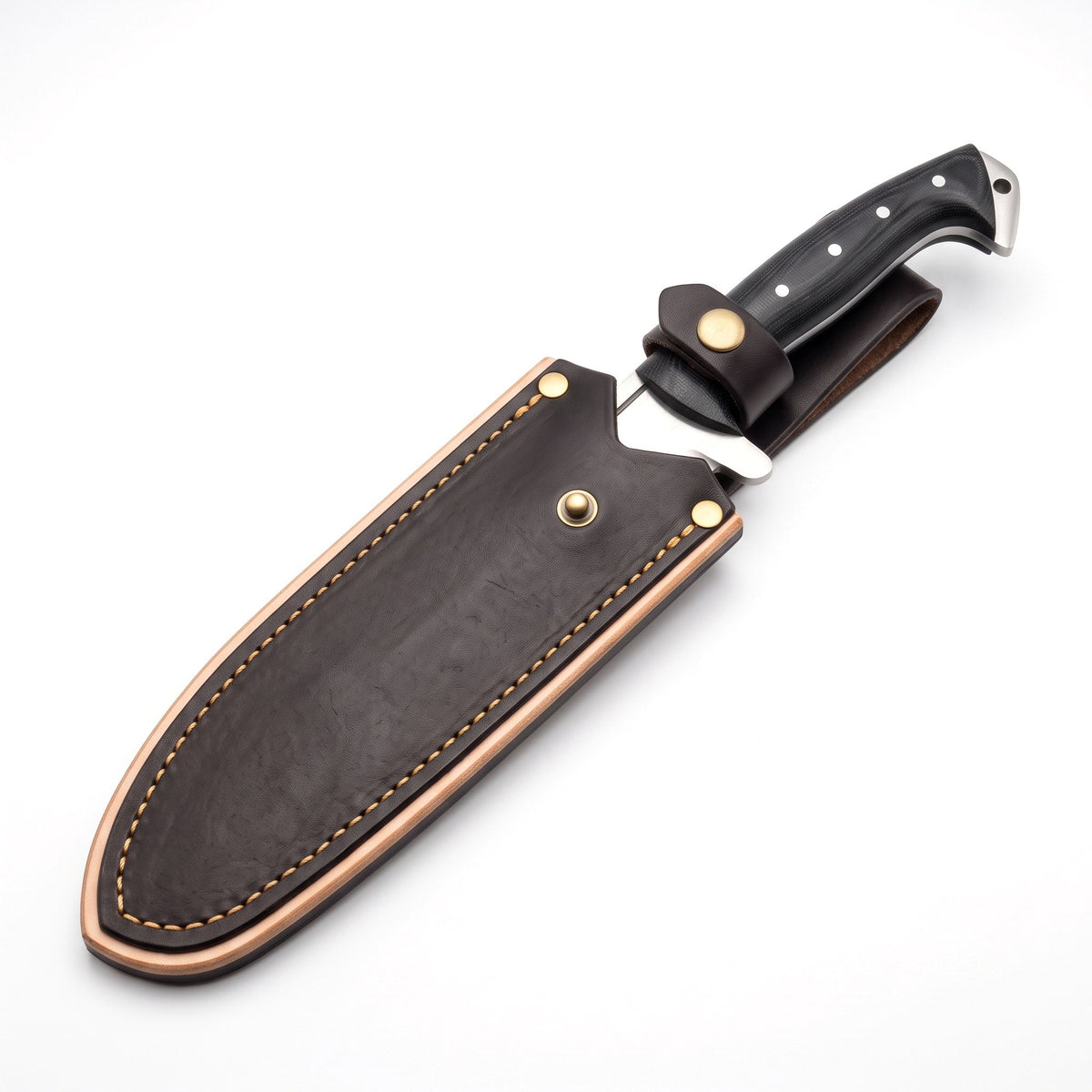 Ridgeback 18" Satin Steel Hunting Knife | Black Micarta, seated in the Crownridge sheath