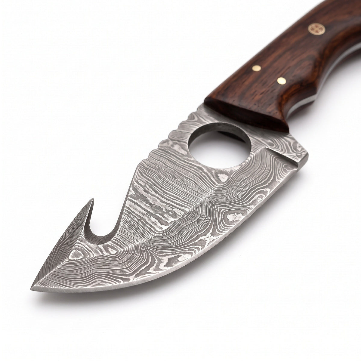 Ridgeback 8.5" Damascus Gut Hook Knife | Rosewood, Damascus blade close-up