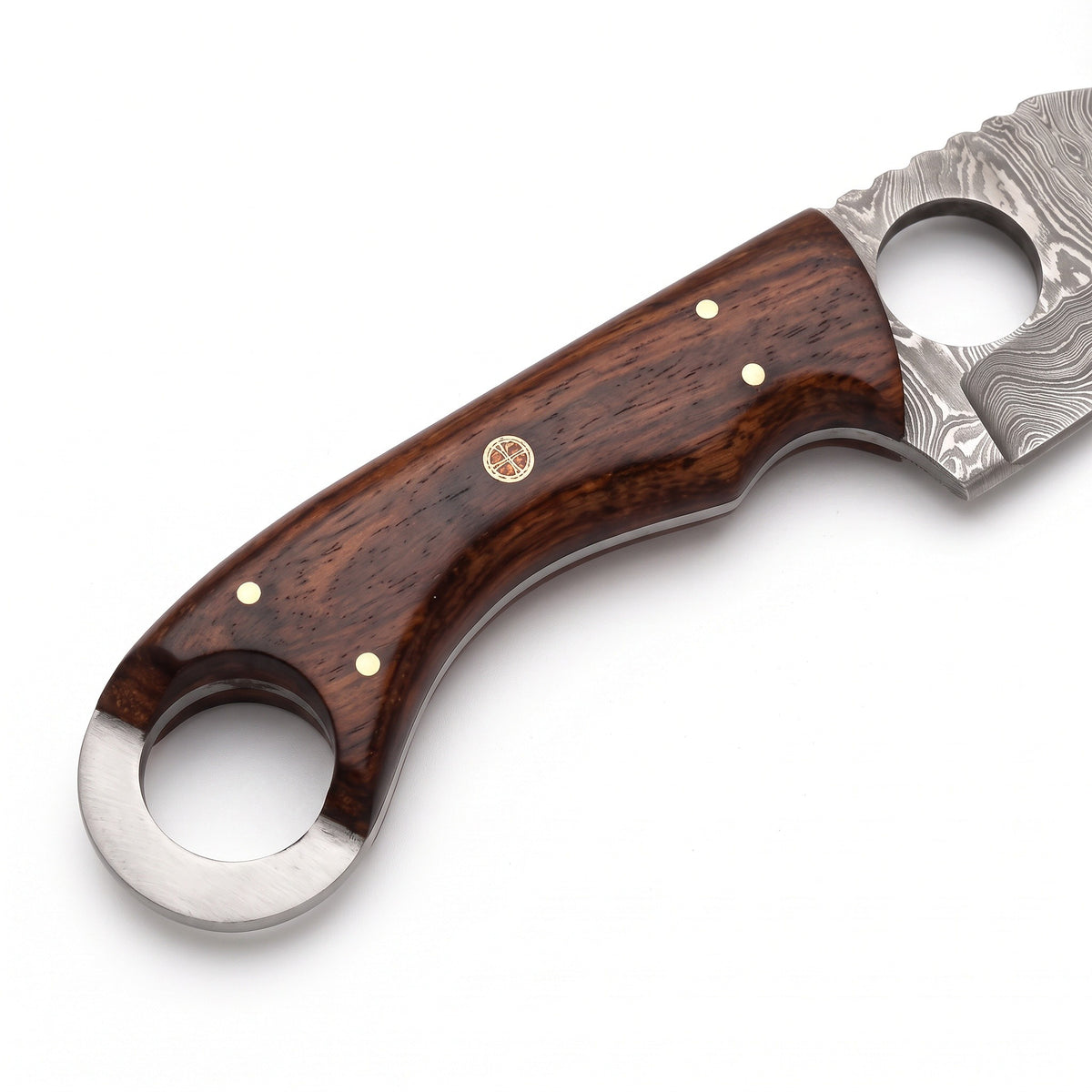 Ridgeback 8.5" Damascus Gut Hook Knife | Rosewood, handle and fittings close-up