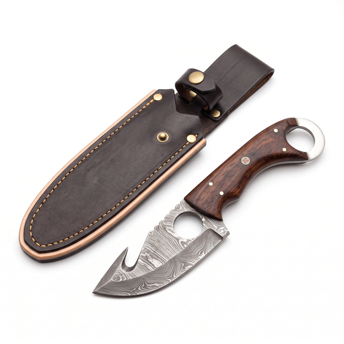 Ridgeback 8.5" Damascus Gut Hook Knife | Rosewood, three-quarter view with the Crownridge sheath
