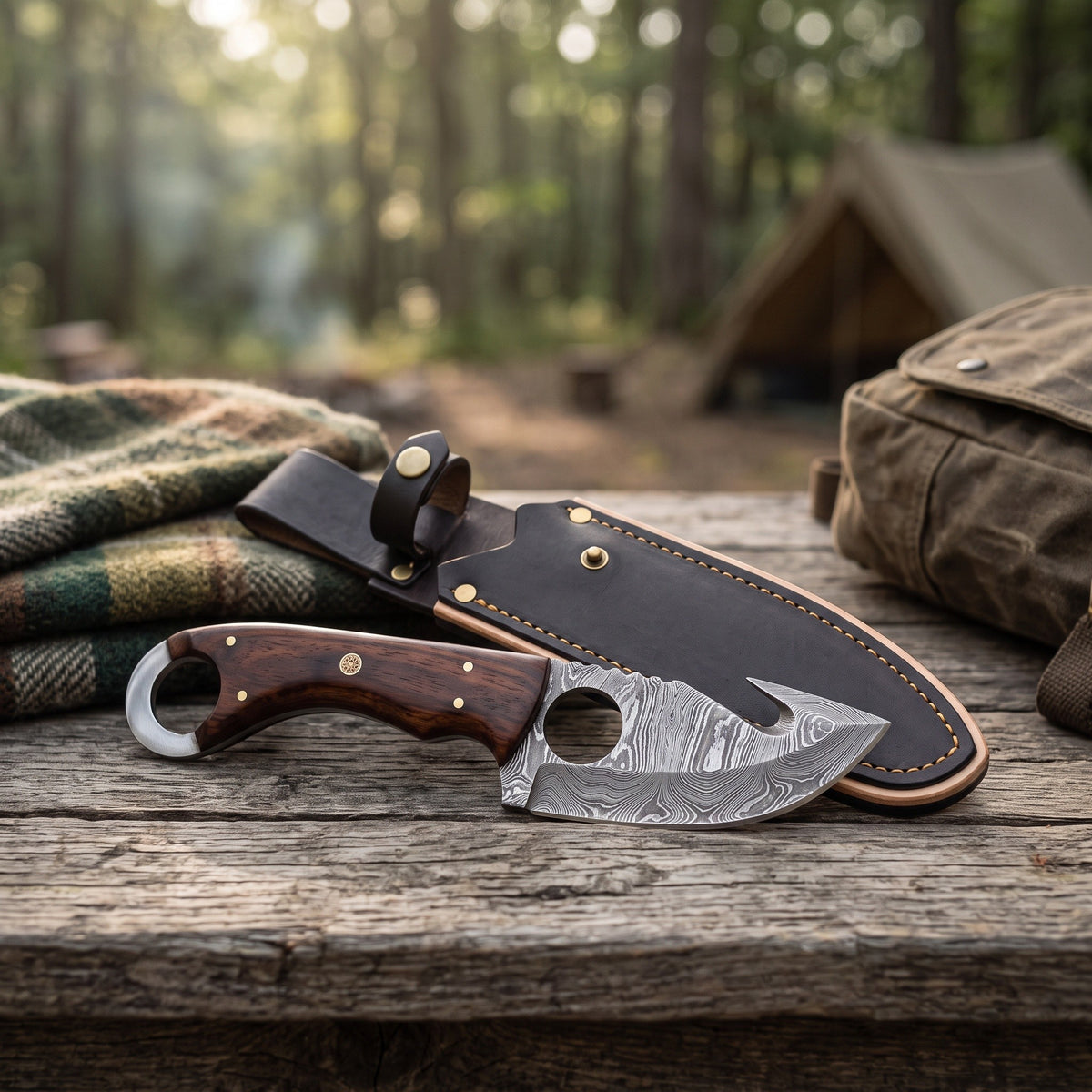 Ridgeback 8.5" Damascus Gut Hook Knife | Rosewood, with the Crownridge sheath in use