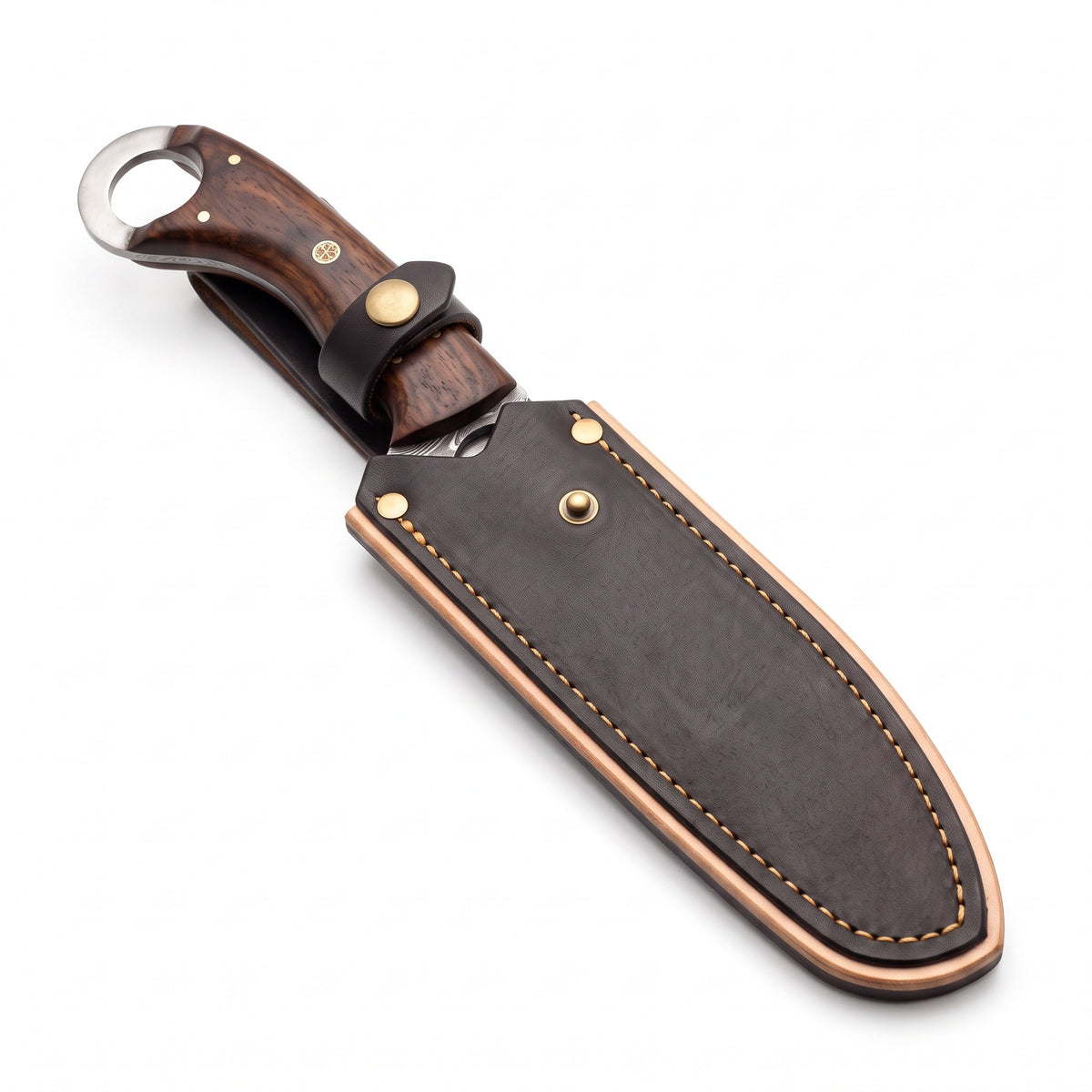 Ridgeback 8.5" Damascus Gut Hook Knife | Rosewood, seated in the Crownridge sheath