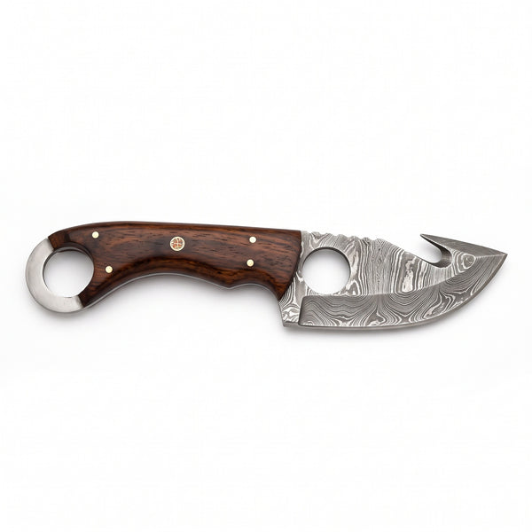Ridgeback 8.5" Damascus Gut Hook Knife | Rosewood, side profile on white