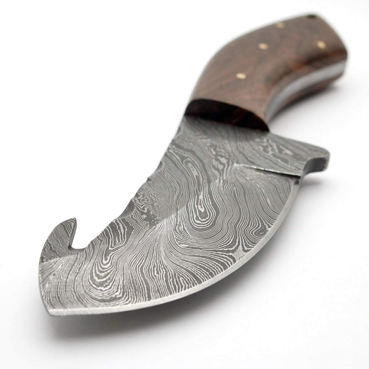 Ridgeback 7" Damascus Gut Hook Knife | Walnut, Damascus blade close-up