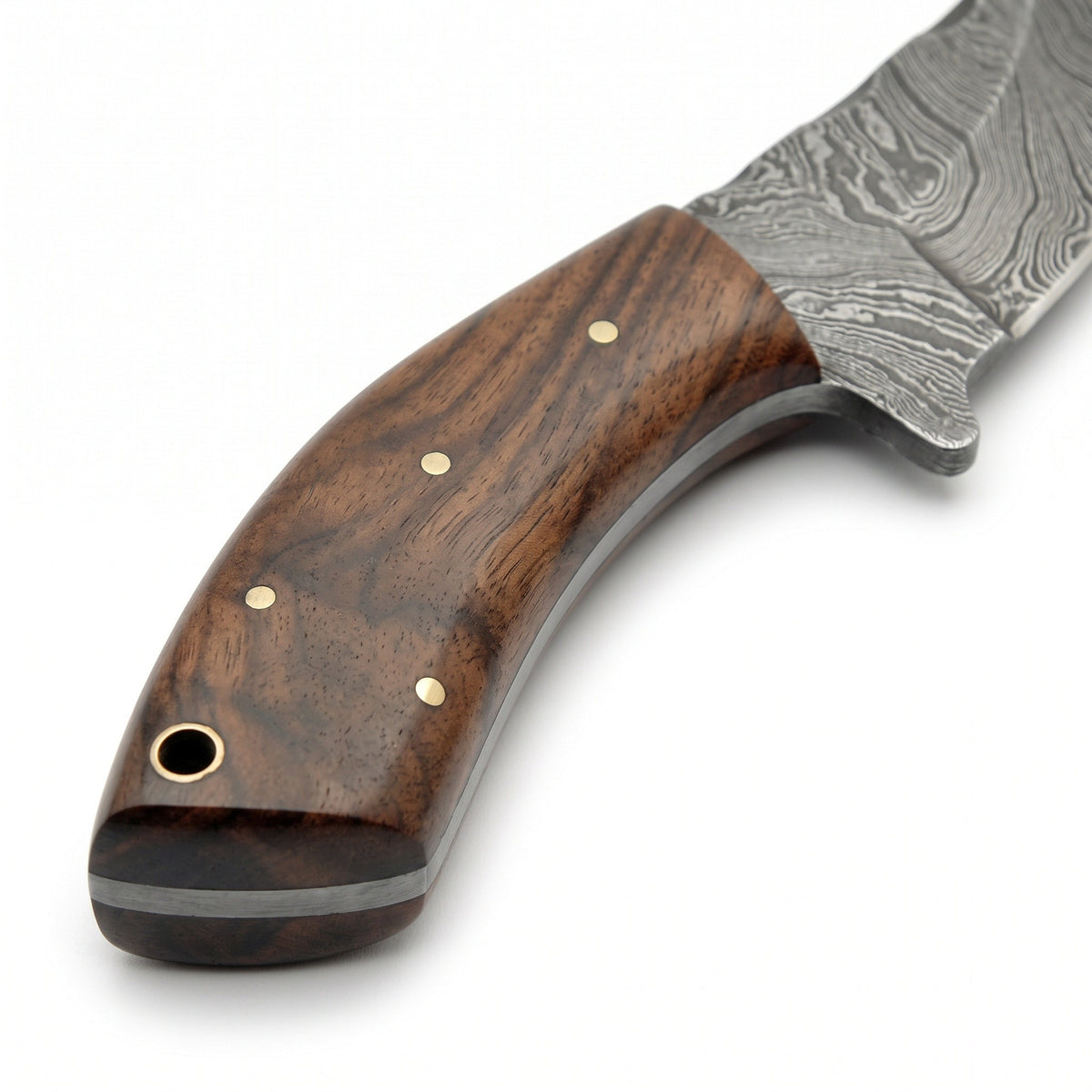 Ridgeback 7" Damascus Gut Hook Knife | Walnut, handle and fittings close-up