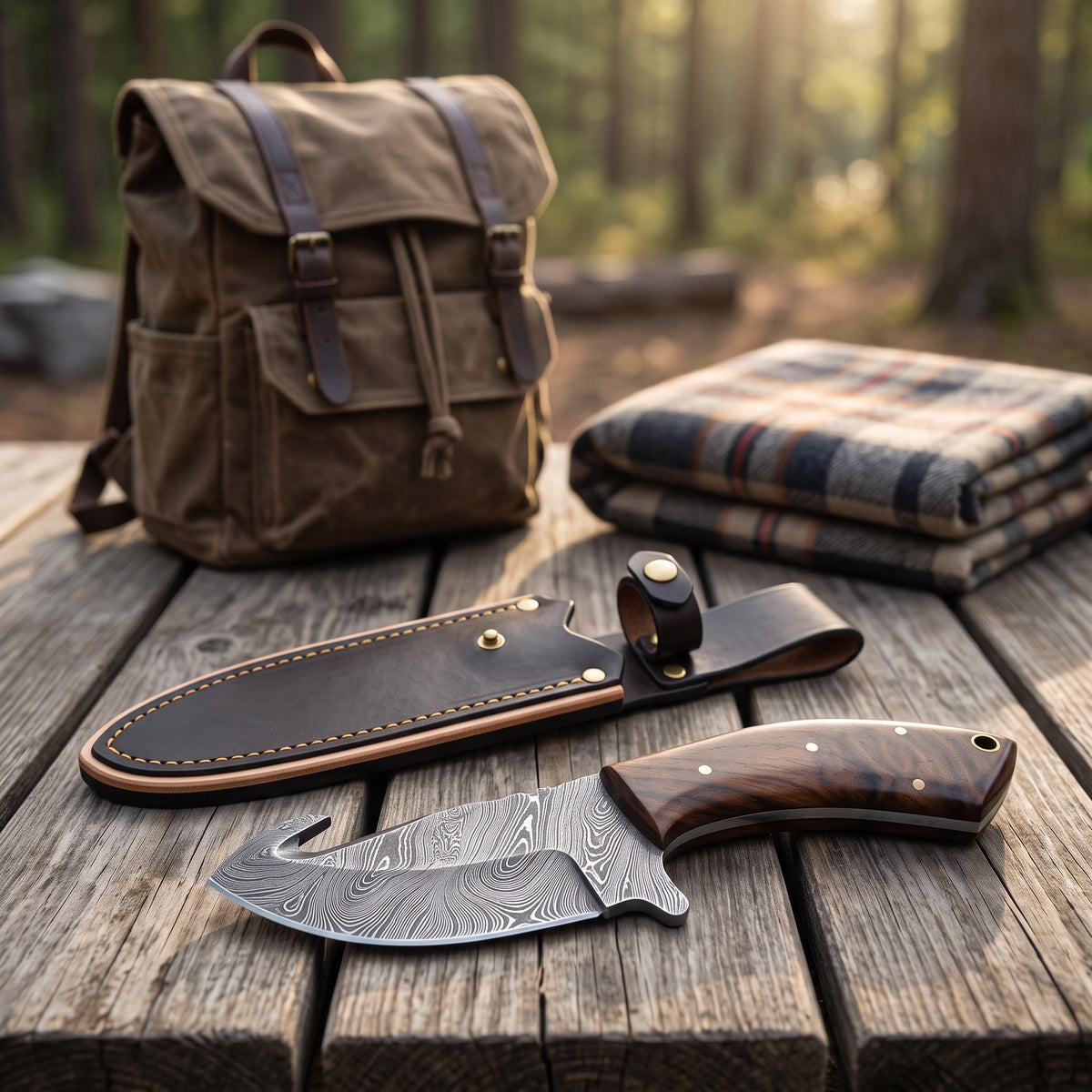 Ridgeback 7" Damascus Gut Hook Knife | Walnut, with the Crownridge sheath in use