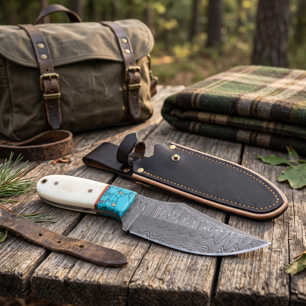 Ridgeback 8.5" Damascus Hunting Knife | Horn, with the Crownridge sheath in use